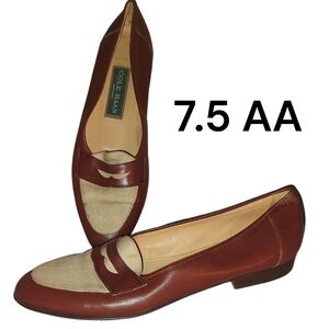 7.5 AA Narrow Cole Haan Brown & Cream Spectator Penny Loafers Leather & Canvas